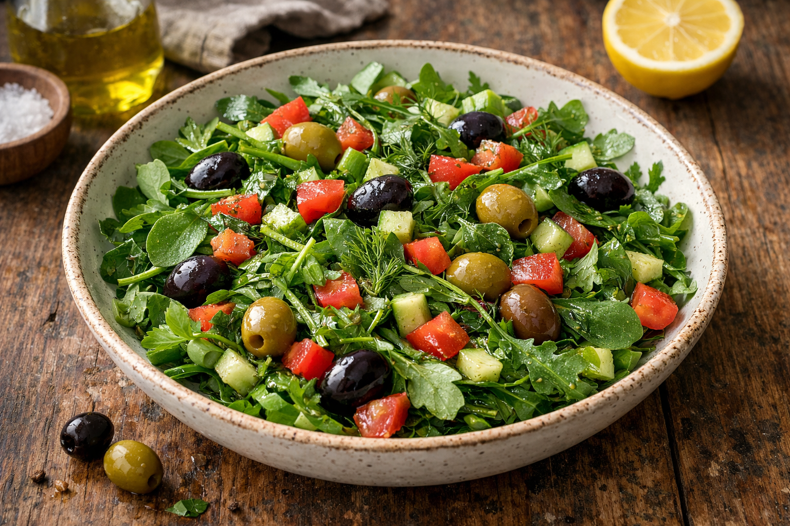 Taze Ege salataları ve yeşillikler